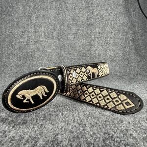 Kids Western Leather Belt Brown Size 24 6-8 Years Embroidered Horse Belt Buckle